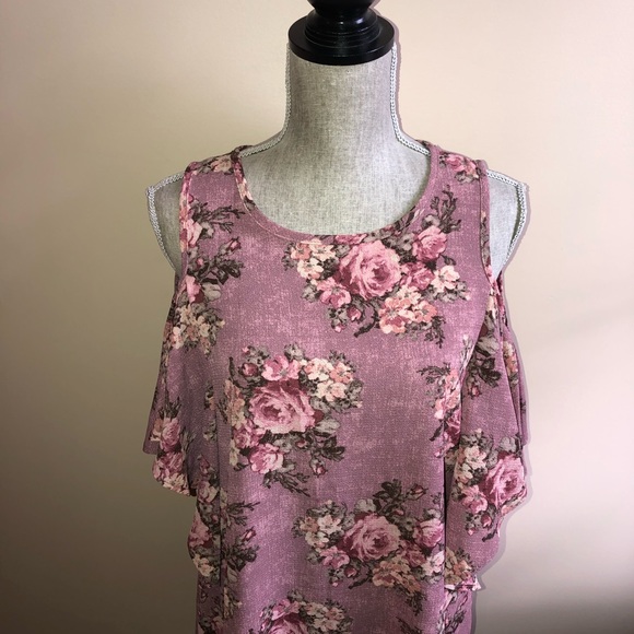 Dusty rose floral/Tank style cold shoulder top - Picture 2 of 7